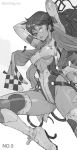  1girl arms_up bodysuit boots breasts checkered high_heels kilart long_hair monochrome original solo thigh_boots thighhighs underboob visor 