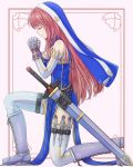  1girl bare_shoulders blue_dress boots brown_hair closed_eyes dress habit highres holster interlocked_fingers knee_boots kneeling long_hair nun one_knee pink_hair praying side_slit solo sword thigh_holster thighhighs tori@gununu weapon white_legwear 