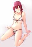  1girl arm_support barefoot bikini blush breasts collarbone free! front-tie_top mahaya matsuoka_gou navel ponytail red_eyes redhead skindentation smile solo string_bikini swimsuit 