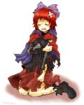  1girl bandages bow cape closed_eyes hair_bow kneeling long_sleeves open_mouth rashime_emisa redhead sekibanki short_hair skirt solo tears torn_clothes touhou 
