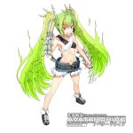  1girl bone claw_(weapon) copyright_name green_hair hair_ornament hairclip ken_(fkenorat) kousoku_kidou_avatar_drive long_hair midriff mouth_hold navel navel_piercing piercing red_eyes short_shorts shorts solo teeth twintails white_background 