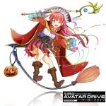  1girl boots broom broom_riding cape copyright_name fang heart jack-o&#039;-lantern kousoku_kidou_avatar_drive okutomi_fumi open_mouth red_eyes redhead reflection skirt skirt_set solo spell staff sword watermark weapon white_background wink 