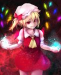  1girl :p absurdres blonde_hair blood blood_in_mouth bow dress fang flandre_scarlet gracehoo hat highres red_eyes short_hair side_ponytail solo tongue touhou wings 