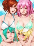  4girls aqua_eyes aqua_hair arms_around_neck bikini blonde_hair blue_eyes blush breast_envy breast_rest breasts breasts_on_head brown_eyes brown_hair cleavage hair_ornament hairclip hatsune_miku kagamine_rin large_breasts lips long_hair looking_up megurine_luka meiko meriko multiple_girls pink_hair short_hair side_ponytail smile swimsuit twintails vocaloid 