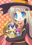  6+girls basket blonde_hair blue_eyes candy chibi ebisuke halloween hat kamikita_komari kurugaya_yuiko little_busters!! lollipop long_hair minigirl multiple_girls natsume_rin nishizono_mio noumi_kudryavka saigusa_haruka witch_hat 