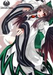  1girl alternate_costume black_hair black_wings bow hair_bow hair_ribbon highres japanese_clothes long_hair long_sleeves looking_at_viewer miko moe_m open_mouth radiation_symbol red_eyes reiuji_utsuho ribbon smile solo thigh-highs third_eye touhou turning white_background wide_sleeves wings 