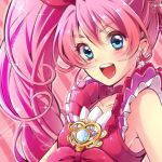  1girl :d armpits bare_shoulders blue_eyes blush bust collarbone cure_melody houjou_hibiki long_hair musical_note open_mouth pink_hair precure sleeveless smile solo suite_precure twintails yuucho_(cololal) 