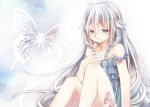  1girl bare_shoulders blue_eyes braid butterfly colored_eyelashes flat_gaze hair_between_eyes ia_(vocaloid) silver_hair sitting solo tattoo twin_braids utaori vocaloid 