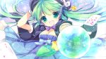  1girl card dress gloves green_eyes green_hair hat hatsune_miku highres kosuzume musical_note open_mouth solo twintails vocaloid 