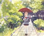  1girl ^_^ bag blonde_hair braid closed_eyes happy highres long_hair mig_(36th_underground) original rain school_bag single_braid skirt solo sweater tears tree umbrella 