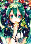  1girl aqua_eyes bad_id bow dress green_hair hatsune_miku long_hair sazanami_shione smile solo star twintails vocaloid 