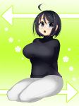  1girl ahoge aldiana black_hair blush breasts brown_eyes glasses highres kneeling large_breasts looking_at_viewer open_mouth servant_x_service short_hair solo sweater yamagami_lucy 