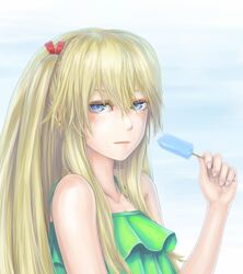  1girl blonde_hair blue_eyes dress genshiken highres long_hair looking_at_viewer nakacha popsicle realistic susanna_hopkins 