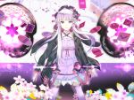  119 1girl flower hair_ornament highres honeycomb_background hood_down hooded_jacket jacket low_twintails parted_lips purple purple_legwear road_sign sign thigh-highs twintails violet_eyes vocaloid yuzuki_yukari zettai_ryouiki 