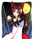  1girl animal_ears bamboo bone brooch brown_hair collarbone dress fang full_moon imaizumi_kagerou jewelry long_hair long_sleeves moon open_mouth red_eyes smile solo toluda touhou wolf_ears 