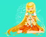  1girl alternate_hairstyle barefoot blonde_hair cure_sunshine flower hair_down heartcatch_precure! highres midriff myoudouin_itsuki navel no_shoes petals precure simple_background sitting solo sunflower wariza yuucho_(cololal) 