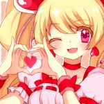  1girl :d blonde_hair blush bust cure_peach fresh_precure! heart heart_hands long_hair momozono_love open_mouth pink_eyes precure smile solo twintails wink yuucho_(cololal) 