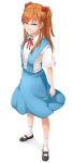  1girl angry blue_eyes frown hair_ornament highres kneehighs loafers long_hair mary_janes neon_genesis_evangelion redhead school_uniform shikinami_asuka_langley shoes simple_background skirt soemy solo souryuu_asuka_langley white_background 