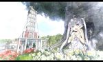  1girl :o building dress fang flower google_sketchup_(medium) letterboxed mofetousu_furuna original pointy_ears saru scenery sky solo tree twintails under_tree violet_eyes white_hair wreath 