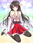  1girl bare_shoulders black_hair black_legwear breasts brown_eyes cleavage detached_sleeves floral_background hairband haruna_(kantai_collection) headgear highres japanese_clothes kantai_collection large_breasts long_hair looking_at_viewer personification sitting smile solo thighhighs wariza yamada_chiaki 
