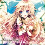  1girl angel angel_wings bad_id blue_eyes bouquet dress flower ia_(vocaloid) long_hair pink_hair sazanami_shione sky solo vocaloid wings 