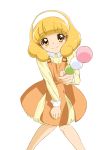  1girl blonde_hair blush casual dress food hairband kise_yayoi koito short_hair skirt smile smile_precure! solo sweets yellow_eyes 