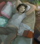  1girl arms_up book brown_hair couch green_eyes legs_folded looking_away lying midriff on_back original painterly pillow saskia_gutekunst shirt short_hair solo sweatpants white_shirt 