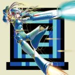  1girl arm_cannon armor blue_eyes female firing flying genderswap helmet long_hair masao rocket_boots rockman rockman_(character) silver_hair solo very_long_hair weapon 