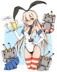  1girl adapted_costume alcohol animal_ears beer blonde_hair bunnysuit cup detached_collar elbow_gloves glass gloves kantai_collection long_hair mug necktie nekonyan_(nekoworld) personification rabbit_ears shimakaze_(kantai_collection) skirt skirt_removed striped striped_legwear thighhighs tray yellow_eyes 