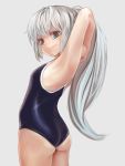  1girl aqua_eyes armpits arms_behind_head arms_up ass back blue_swimsuit konnyaku long_hair looking_at_viewer looking_back mononobe_no_futo ponytail silver_hair smile solo swimsuit touhou turning very_long_hair 