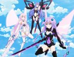  3girls blue_eyes boots choujigen_game_neptune clouds highres iris_heart long_hair multiple_girls purple_hair purple_heart purple_sister red_eyes screencap sky sword thigh_boots thighhighs violet_eyes weapon wings 