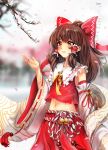  1girl adapted_costume bow brown_eyes brown_hair glycyrrhizae hair_bow hakurei_reimu highres long_hair midriff navel solo touhou 