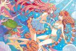  2girls artist_request barefoot bikini blue_eyes braid dress drink drinking_straw flower green_eyes hair_flower hair_ornament hairband happy jellyfish long_hair multiple_girls navel orange_hair original pink_hair shorts smile stingray swimsuit turtle twin_braids underwater very_long_hair 