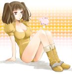  1girl animal boots breasts brown_hair cleavage diane_(nanatsu_no_taizai) dress giantess gradient gradient_background grey_eyes hawk_(nanatsu_no_taizai) heart heart_background large_breasts long_hair mizss nanatsu_no_taizai orange_dress pig sitting size_difference solo twintails white_background 