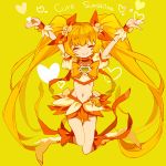  1girl arms_up blonde_hair character_name closed_eyes cure_sunshine green_background heart heartcatch_precure! jumping long_hair midriff myoudouin_itsuki navel outstretched_arms precure simple_background smile solo twintails yuucho_(cololal) 