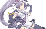  1girl fan gloves hair_ribbon hand_on_hip hatsuharu_(kantai_collection) kantai_collection long_hair machinery personification ponytail purple_hair ribbon sailor_dress short_eyebrows solo thigh-highs tonami_kanji violet_eyes wink 