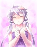  1girl bare_shoulders blush closed_eyes hair_ornament hair_tubes hands_on_own_chest incipient_kiss long_hair low_twintails okaemon parted_lips pink purple_hair sleeveless solo twintails vocaloid yuzuki_yukari 