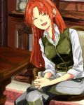  1girl closed_eyes hong_meiling long_hair nkktmrrr no_hat redhead room sitting smile solo touhou 