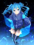  1girl blue_eyes blue_hair ene_(kagerou_project) headphones highres kagerou_project long_hair long_sleeves number oto_toki smile solo thighhighs twintails 