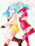  2girls :o bikini_top blue_eyes blue_hair blush boots bra_(dragon_ball) bridal_gauntlets bulma dragon_ball dragon_ball_gt dragon_ball_z hairband long_hair midriff mother_and_daughter multiple_girls shorts skirt thigh_boots thighhighs yudzuki_ren 