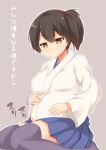  1girl binsen blush breasts brown_eyes brown_hair japanese_clothes kaga_(kantai_collection) kantai_collection kneeling large_breasts personification pregnant short_hair side_ponytail skirt smile solo thighhighs translation_request 