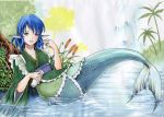  1girl blue_eyes blue_hair cattail choko_(cup) grass head_fins japanese_clothes kimono leaf looking_away marker_(medium) mermaid monster_girl obi outdoors palm_tree parted_lips plant reclining short_hair solo stream tokkuri touhou traditional_media tree wakasagihime water waterfall wys_1981 