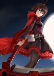  1girl absurdres ahoge blue_eyes cape cross dress highres moon pantyhose qiuzhi_huiyi redhead ruby_rose rwby scythe short_hair skirt solo weapon 