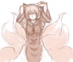  1girl animal_ears arms_behind_head arms_up dress fox_ears fox_tail kuro_suto_sukii multiple_tails no_hat open_mouth rough simple_background solo tabard tail touhou white_background white_dress wide_sleeves yakumo_ran 