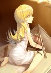  1girl bakemonogatari barefoot blonde_hair from_behind highres long_hair looking_at_viewer looking_back monogatari_(series) nuda off_shoulder oshino_shinobu sitting solo wariza yellow_eyes 