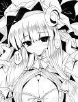 1girl ai_takurou blush breasts cleavage crescent hair_ribbon hat large_breasts long_hair long_sleeves looking_at_viewer monochrome patchouli_knowledge ribbon solo touhou translation_request 