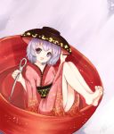  1girl barefoot dish japanese_clothes obi open_mouth purple_hair short_hair solo sukuna_shinmyoumaru tamiczan touhou violet_eyes 