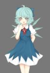  1girl blue_eyes blue_hair bow breasts cirno dress dress_shirt finger_to_mouth hair_bow highres ice ice_wings open_mouth ribbon shirt short_hair smile solo touhou wings 