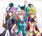  3girls arm_up aura beads blonde_hair bracelet breasts cape earmuffs fox_mask gradient_hair hand_on_hip hata_no_kokoro hijiri_byakuren jewelry kanimisomann long_hair mask multicolored_hair multiple_girls new_mask_of_hope noh_mask open_mouth pink_hair prayer_beads raised_fist short_hair short_sleeves touhou toyosatomimi_no_miko wink 