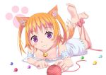  1girl :3 animal_ears barefoot bell cat_ears cat_tail dress feet harusaki_chiwa jewelry jingle_bell lying marble on_stomach orange_hair ore_no_kanojo_to_osananajimi_ga_shuraba_sugiru ribbon ring rumil simple_background smile soles solo tail toes twintails violet_eyes yarnball 
